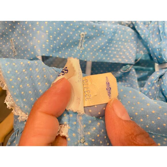 1950s Blue /White Spotted Sheer Pinafore Union Made Rare Belted Girls Dress 3y - Picture 11 of 13